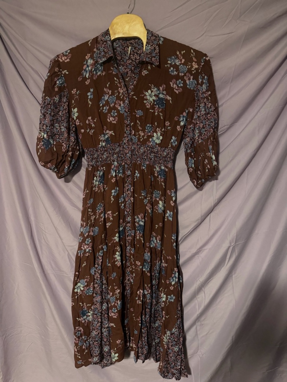 Free People Brown Floral Midi Dress with Blue & Pink Accents